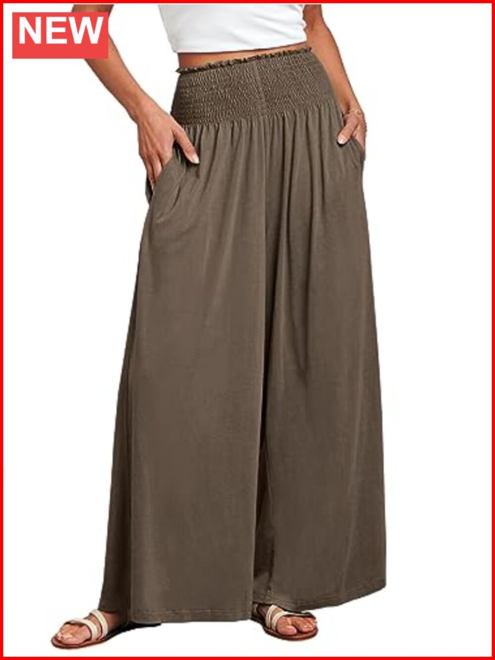Women Casual Wide Leg Palazzo Pants High Waist Smocked with Pockets